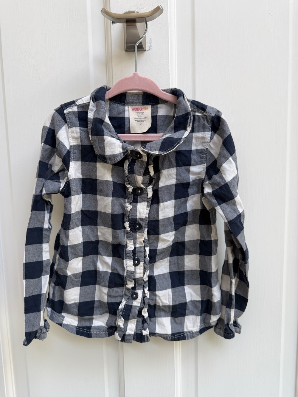 Wonderkids 4T Girls Navy and White Gingham Ruffle Button-Down Shirt Top Blouse